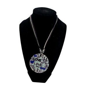 Large Round Graffiti Love Pendant Necklace Purple Heart Accents Lightweight